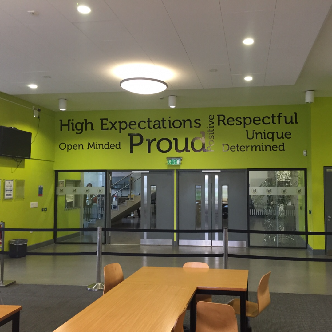 Creative wall graphics and wall art inside a school