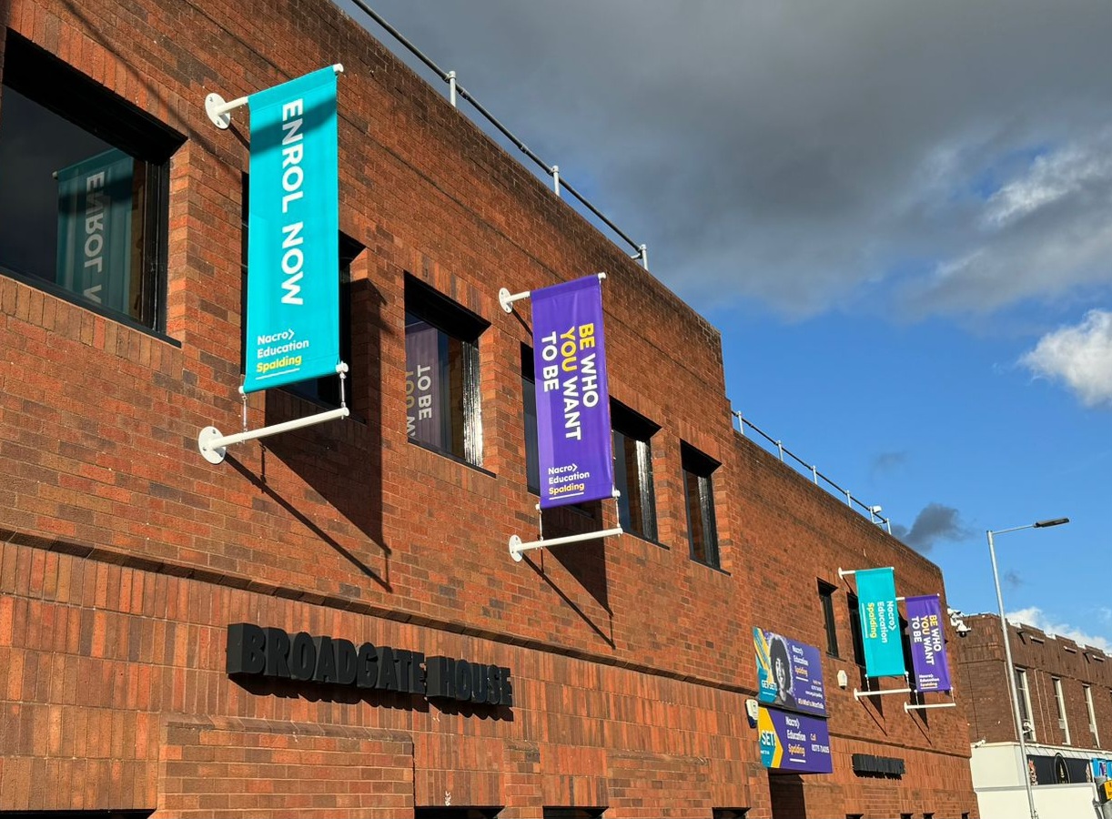 Display banners installed on a school building